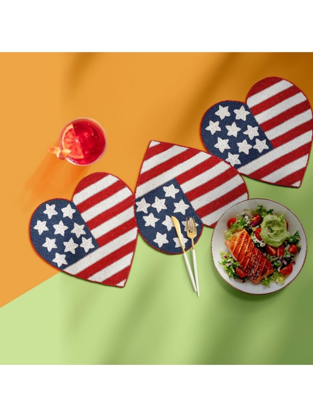 Patriotic Beaded Table Runner 13x36" - Heart Shape American Flag Décor for
